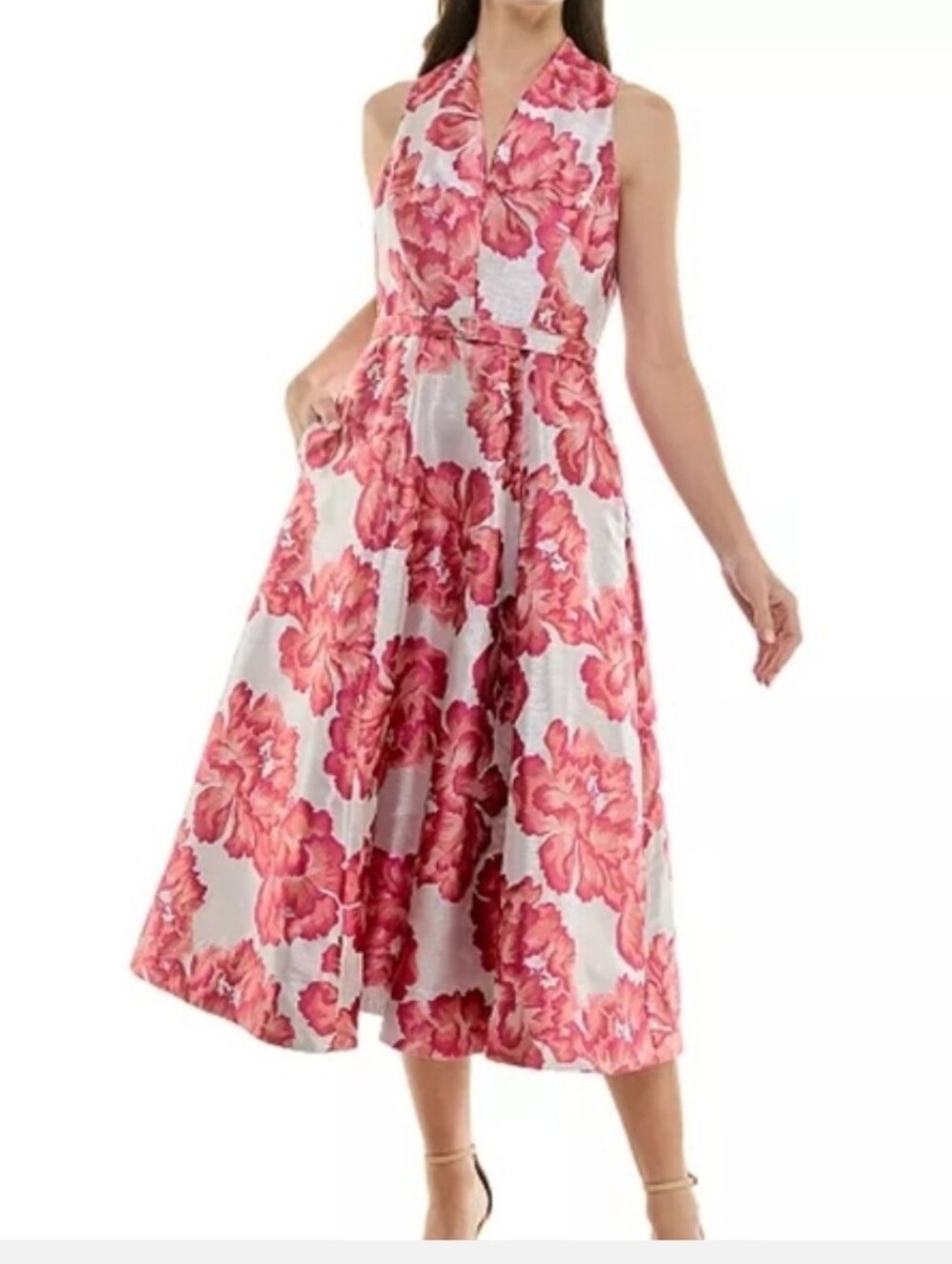 Taylor NWT Size 6 Pink Floral Jacquard Fit Flare Midi Dress Belted $158 Cocktail